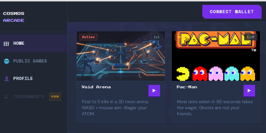 Screenshot of the Cosmos Arcade game selection interface