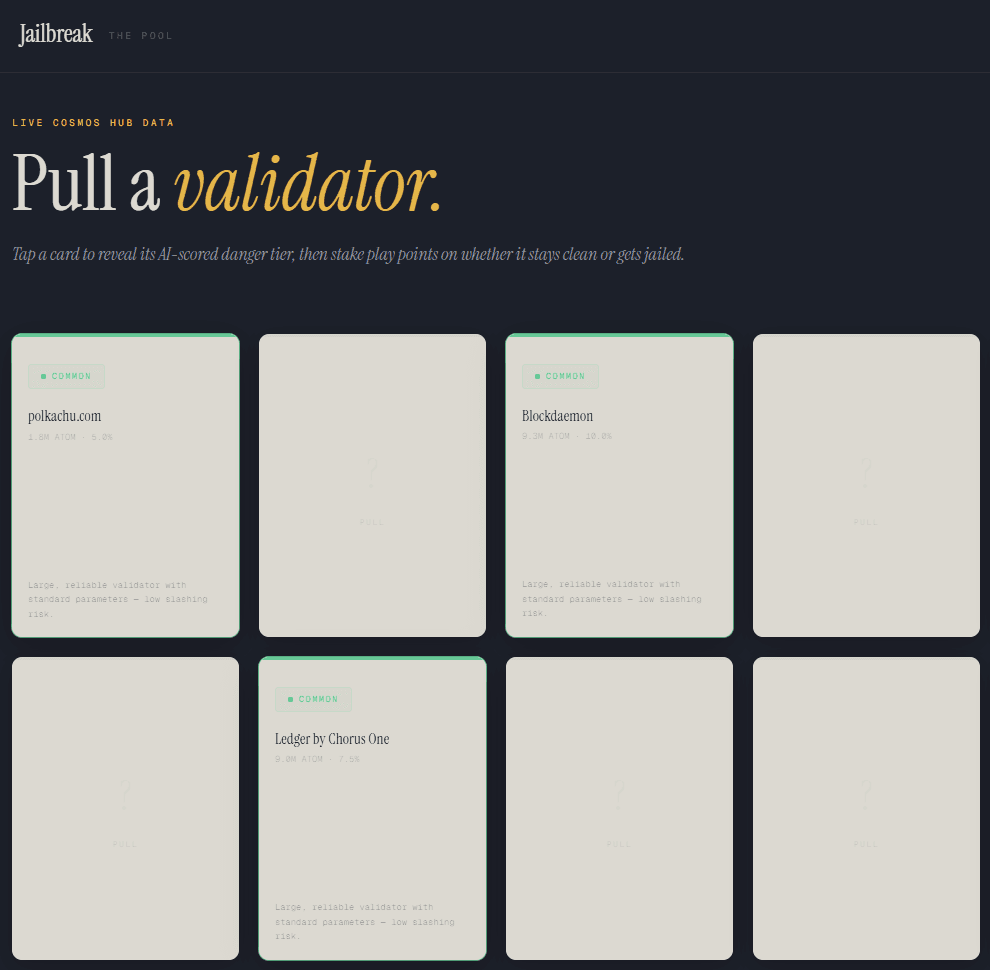 Screenshot of the Jailbreak validator card game interface