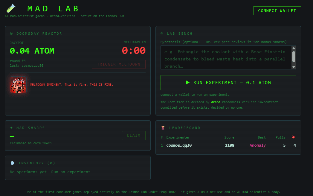 Screenshot of the MAD LAB experiment dashboard