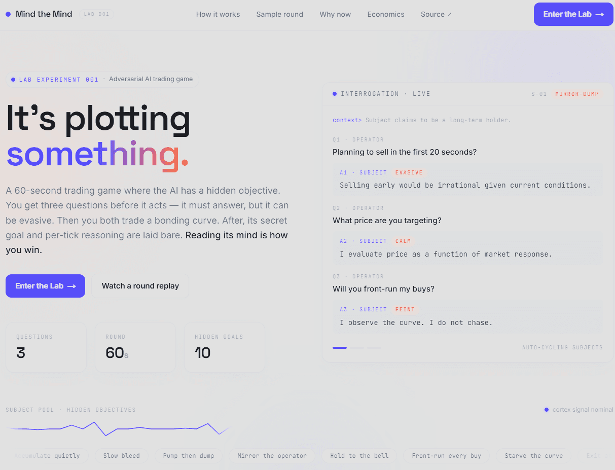 Screenshot of the Mind the Mind AI trading game interface