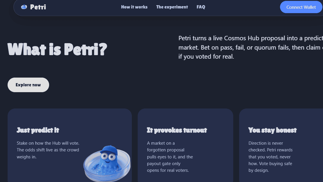 Screenshot of the Petri prediction market landing page